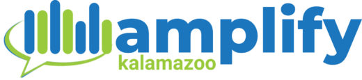 amplify kalamazoo with speech bubble to the left and sound wave indicators in different heights